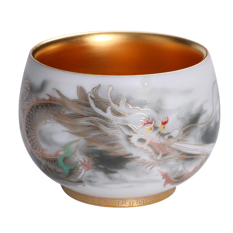 Buddha Stones Drago Zucca Dorata Ceramica Porcellana Bianca Tazza da Tè Kung Fu Tazza da Tè 160ml - Image 8