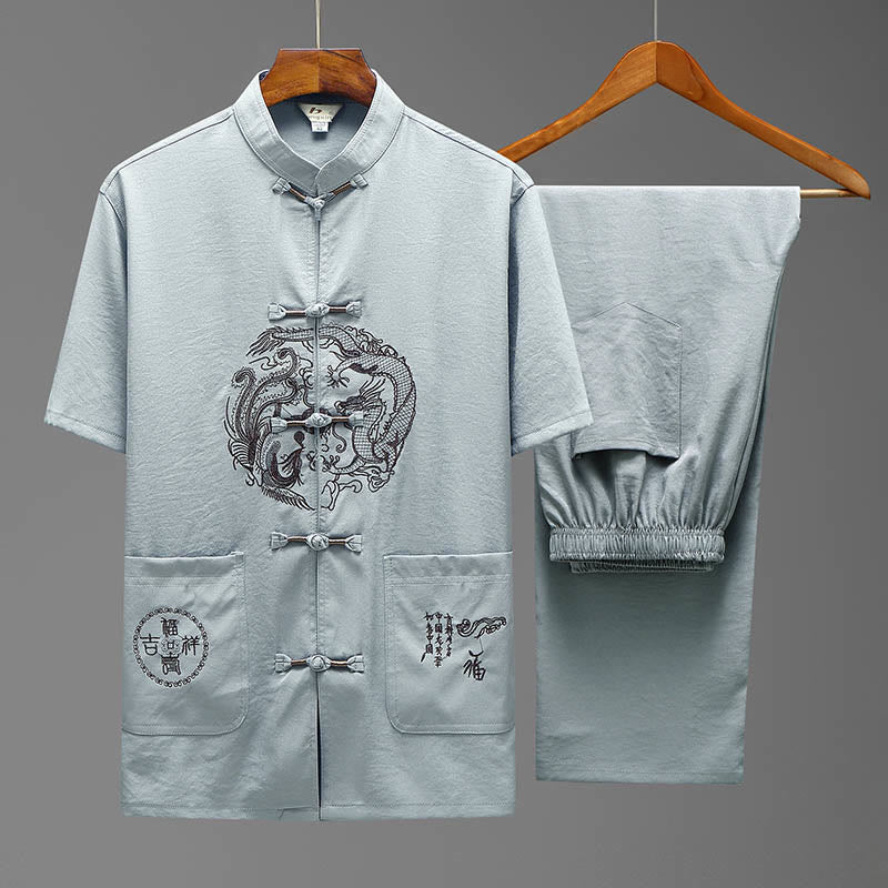 Buddha Stones Dragon Fu Character Tang Suit Camicia a maniche corte tradizionale Pantaloni a gamba larga Abbigliamento da uomo Set - Image 17