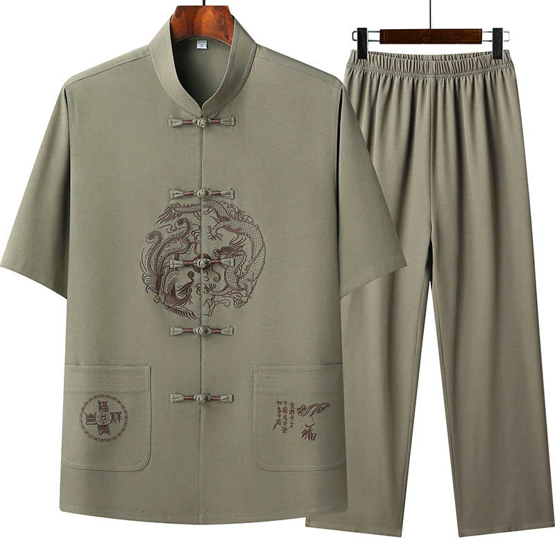 Buddha Stones Dragon Fu Character Tang Suit Camicia a maniche corte tradizionale Pantaloni a gamba larga Abbigliamento da uomo Set - Image 18