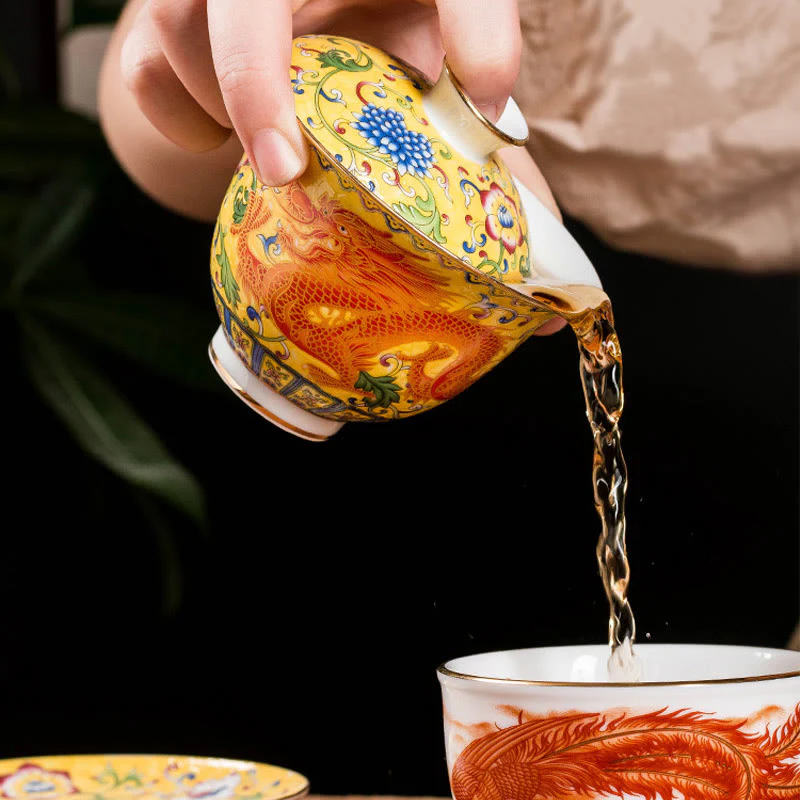 Buddha Stones Dragon Phoenix Flower Design Ceramica Gaiwan Sancai Tazza da tè Kung Fu Tazza da tè e piattino con coperchio - Image 11