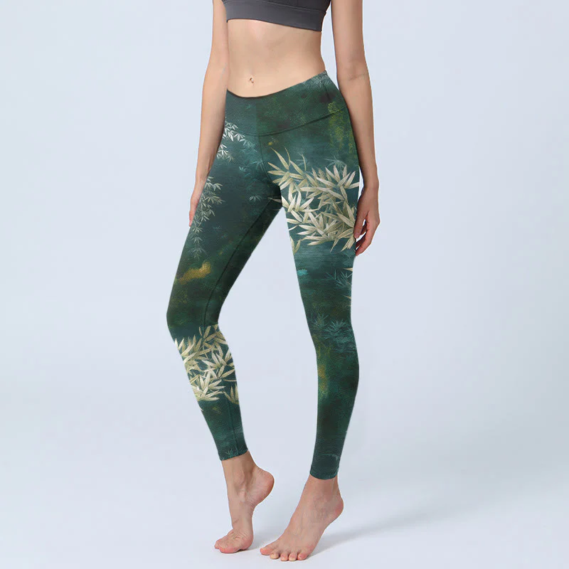 Buddha Stones Eleganti leggings da palestra con stampa a motivo di foglie di bambù, pantaloni da yoga da donna