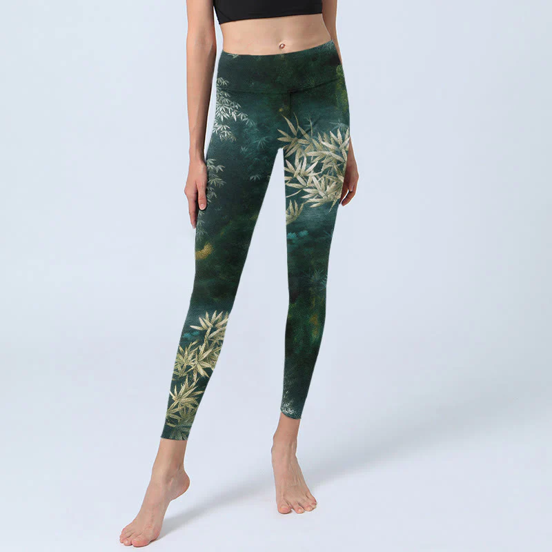 Buddha Stones Eleganti leggings da palestra con stampa a motivo di foglie di bambù, pantaloni da yoga da donna - Image 6