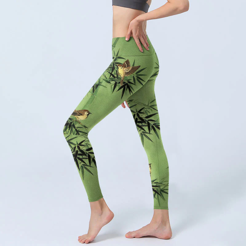 Buddha Stones Eleganti leggings da palestra con stampa di foglie di bambù e uccelli, pantaloni da yoga da donna - Image 3