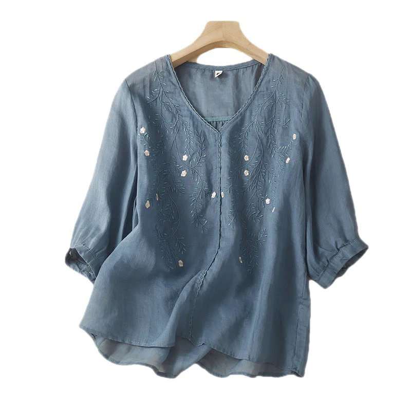 Buddha Stones Estate Casual Fiori Rami Ricamato Modello Scollo a V Mezza Manica Cotone Lino T-shirt da Donna - Image 6