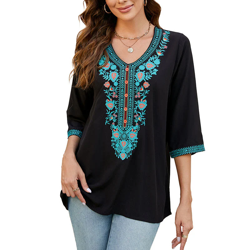 Buddha Stones Estate Casual Ricamo Fiore Foglia Mezza Manica Scollo a V Cotone T-shirt da Donna - Image 10