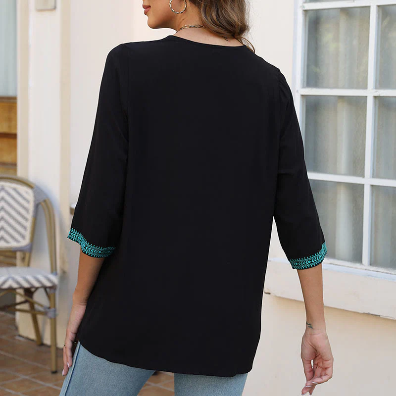 Buddha Stones Estate Casual Ricamo Fiore Foglia Mezza Manica Scollo a V Cotone T-shirt da Donna - Image 8