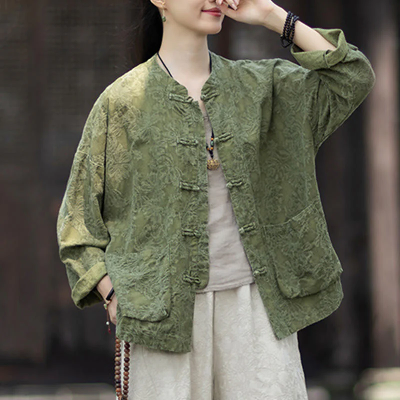 Buddha Stones Fall Jacquard Camicia a maniche lunghe con bottoni a rana da donna, pantaloni, abbigliamento in cotone e lino - Image 10