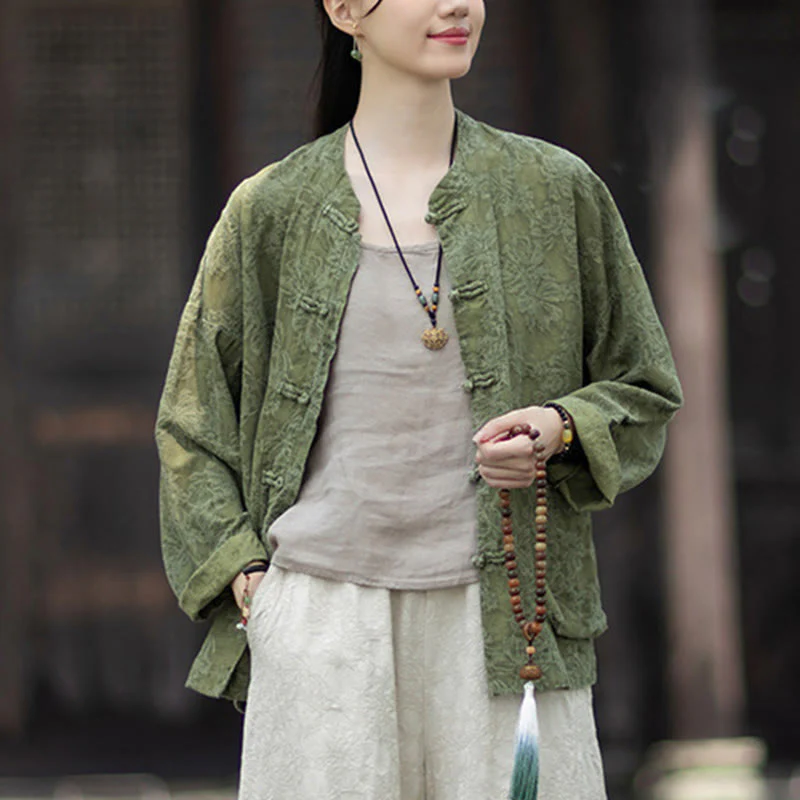 Buddha Stones Fall Jacquard Camicia a maniche lunghe con bottoni a rana da donna, pantaloni, abbigliamento in cotone e lino - Image 11
