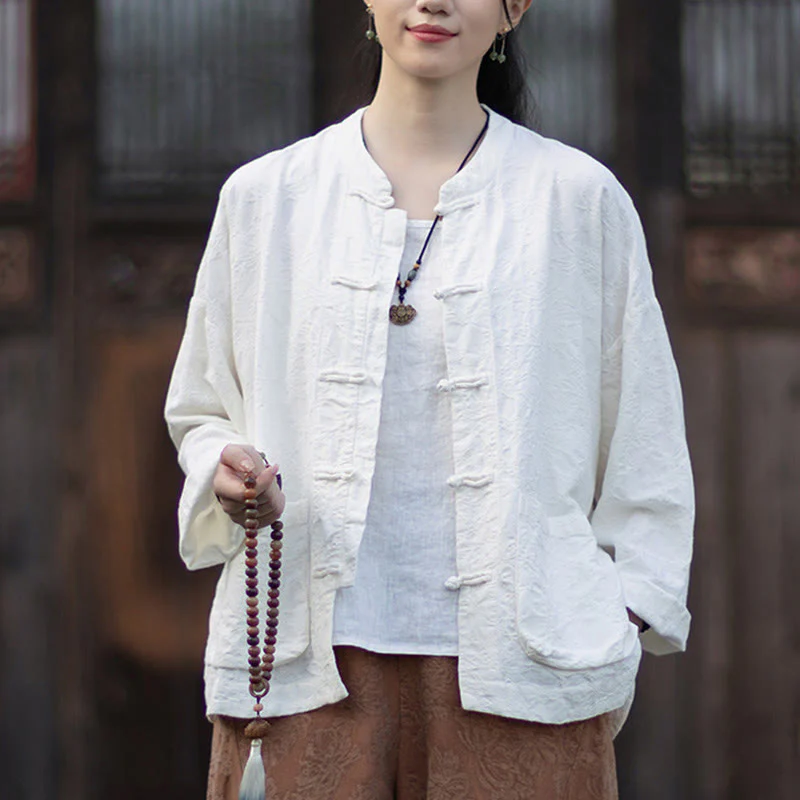 Buddha Stones Fall Jacquard Camicia a maniche lunghe con bottoni a rana da donna, pantaloni, abbigliamento in cotone e lino - Image 15