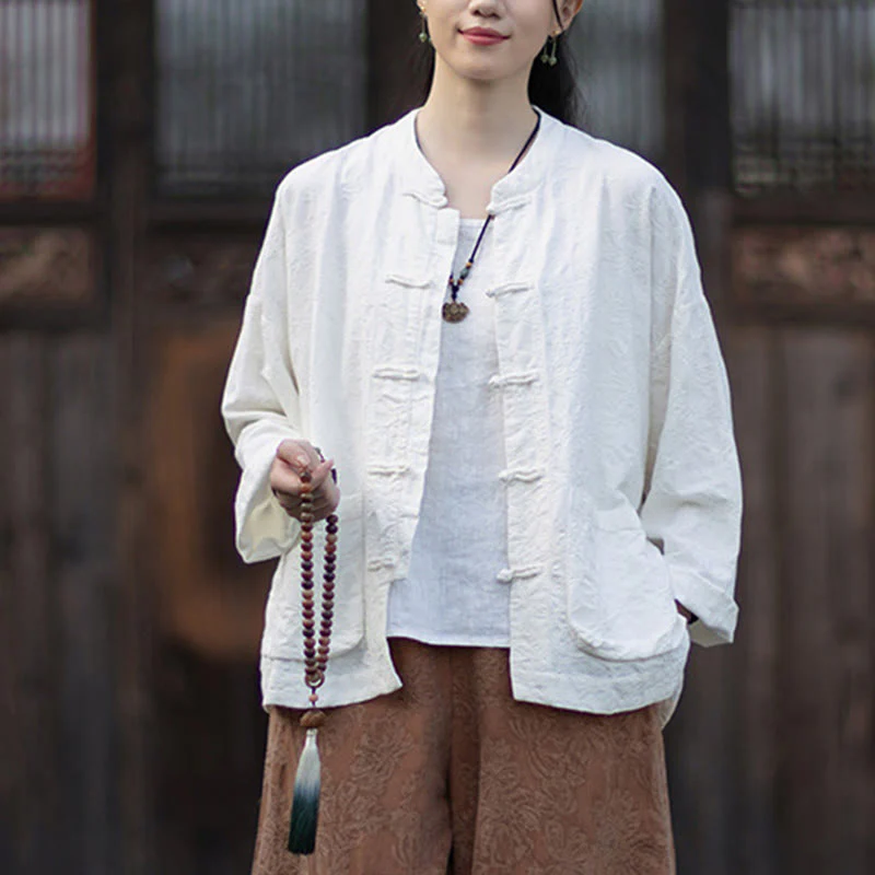 Buddha Stones Fall Jacquard Camicia a maniche lunghe con bottoni a rana da donna, pantaloni, abbigliamento in cotone e lino - Image 21