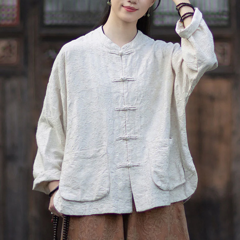 Buddha Stones Fall Jacquard Camicia a maniche lunghe con bottoni a rana da donna, pantaloni, abbigliamento in cotone e lino - Image 23