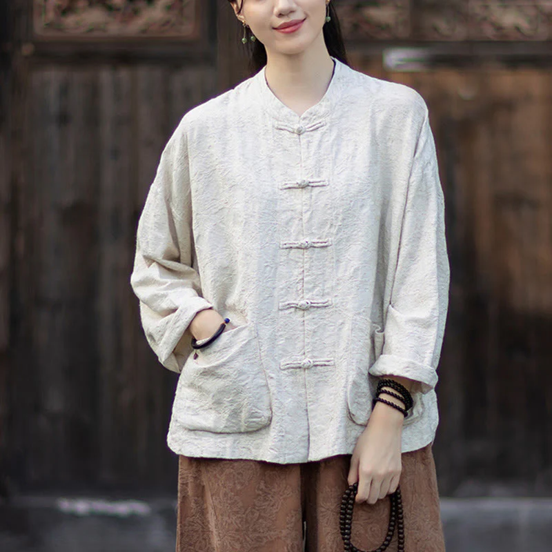 Buddha Stones Fall Jacquard Camicia a maniche lunghe con bottoni a rana da donna, pantaloni, abbigliamento in cotone e lino - Image 24