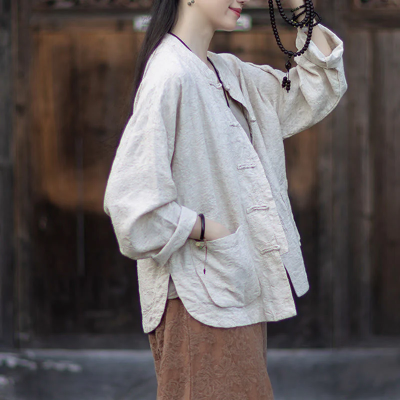 Buddha Stones Fall Jacquard Camicia a maniche lunghe con bottoni a rana da donna, pantaloni, abbigliamento in cotone e lino - Image 26