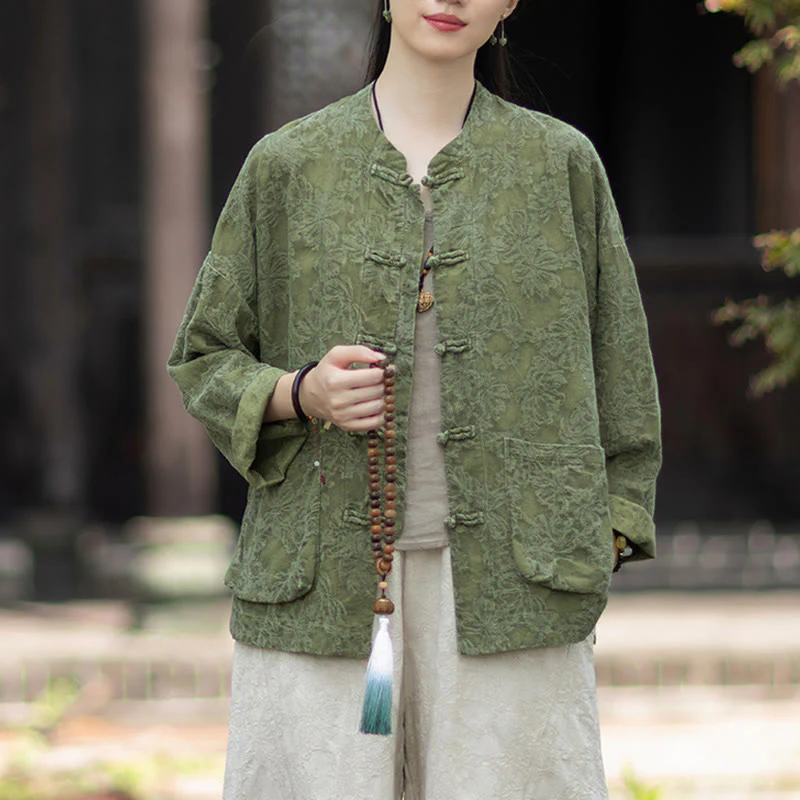 Buddha Stones Fall Jacquard Camicia a maniche lunghe con bottoni a rana da donna, pantaloni, abbigliamento in cotone e lino - Image 3