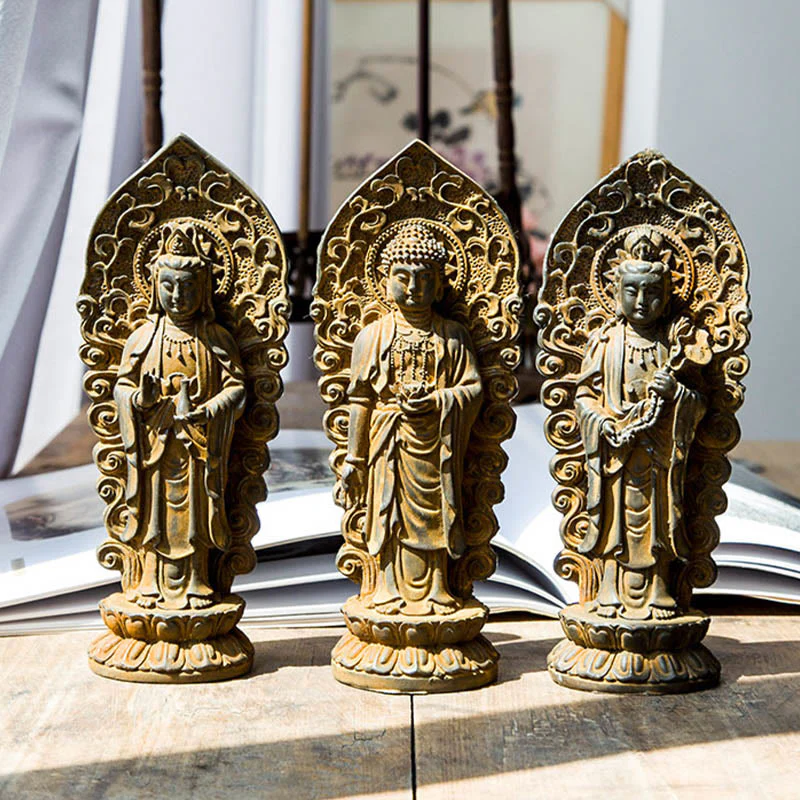 Buddha Stones fatte a mano Amitabha Guanyin Avalokitesvara Mahasthamaprapta Polvere di ferro Ruggine Statua in resina colata Decorazione - Image 2