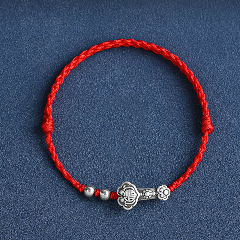 Buddha Stones Fatto a mano in argento sterling 999 Fu Character Wish Ruyi Handle Fortune Rope Bracciale Cavigliera - Image 11