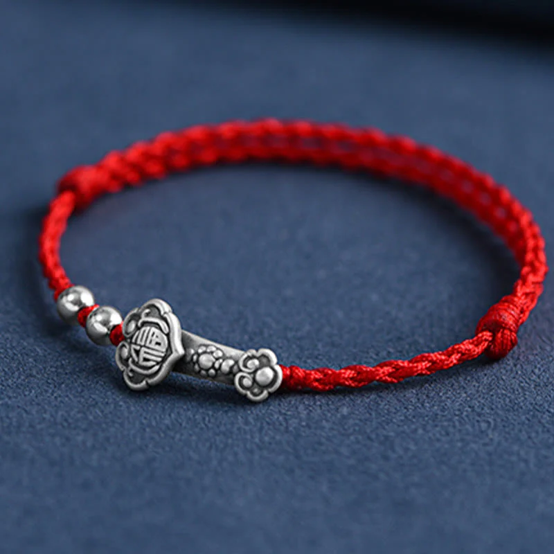 Buddha Stones Fatto a mano in argento sterling 999 Fu Character Wish Ruyi Handle Fortune Rope Bracciale Cavigliera - Image 12