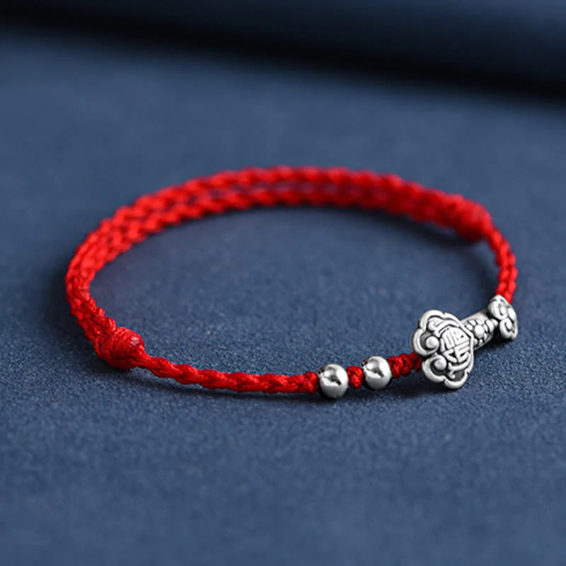 Buddha Stones Fatto a mano in argento sterling 999 Fu Character Wish Ruyi Handle Fortune Rope Bracciale Cavigliera - Image 13