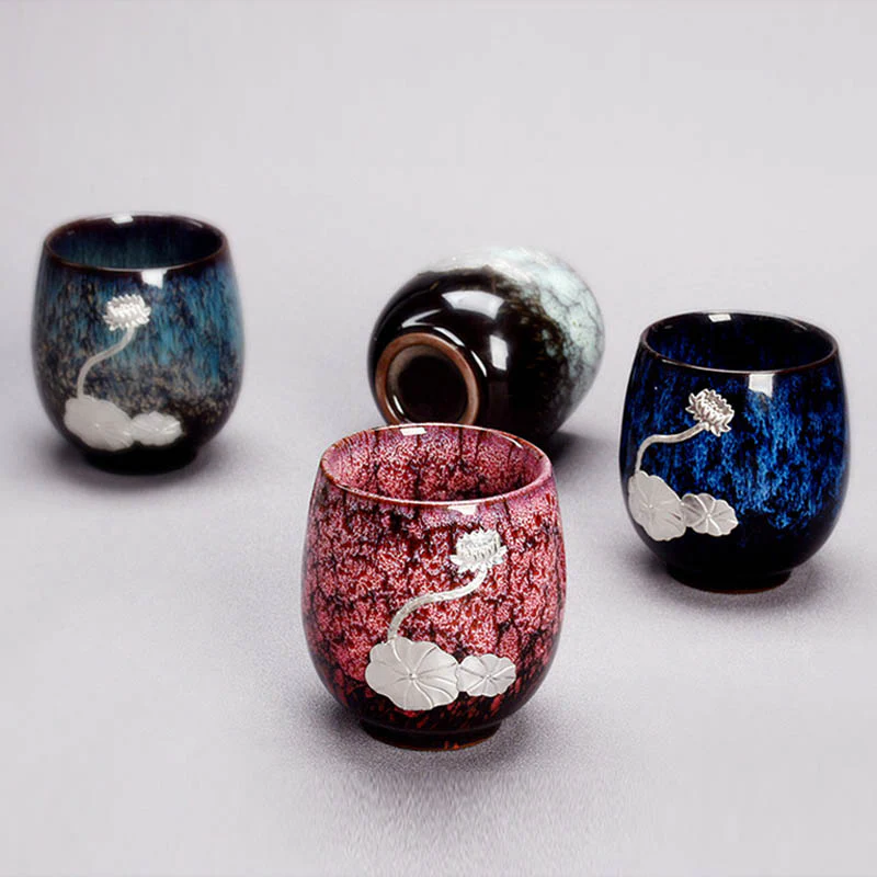 Buddha Stones Fiore di Loto d'Argento Foglia Tazza da Tè Cinese Jianzhan Ceramica Tazza da Tè Kung Fu 150ml - Image 2