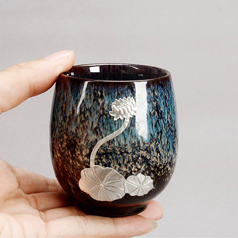 Buddha Stones Fiore di Loto d'Argento Foglia Tazza da Tè Cinese Jianzhan Ceramica Tazza da Tè Kung Fu 150ml - Image 4