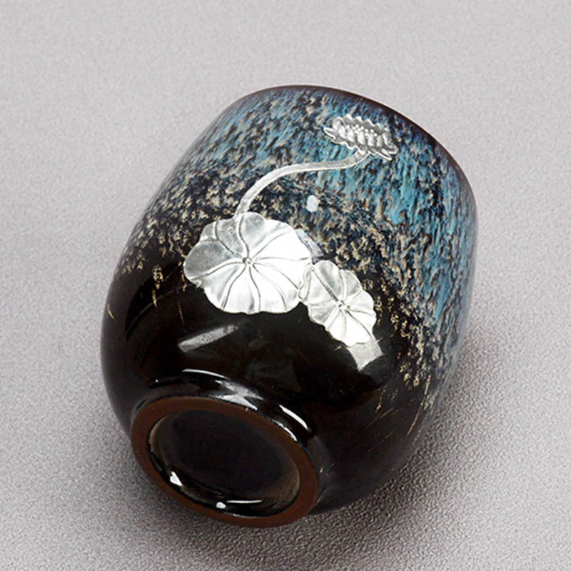 Buddha Stones Fiore di Loto d'Argento Foglia Tazza da Tè Cinese Jianzhan Ceramica Tazza da Tè Kung Fu 150ml - Image 5