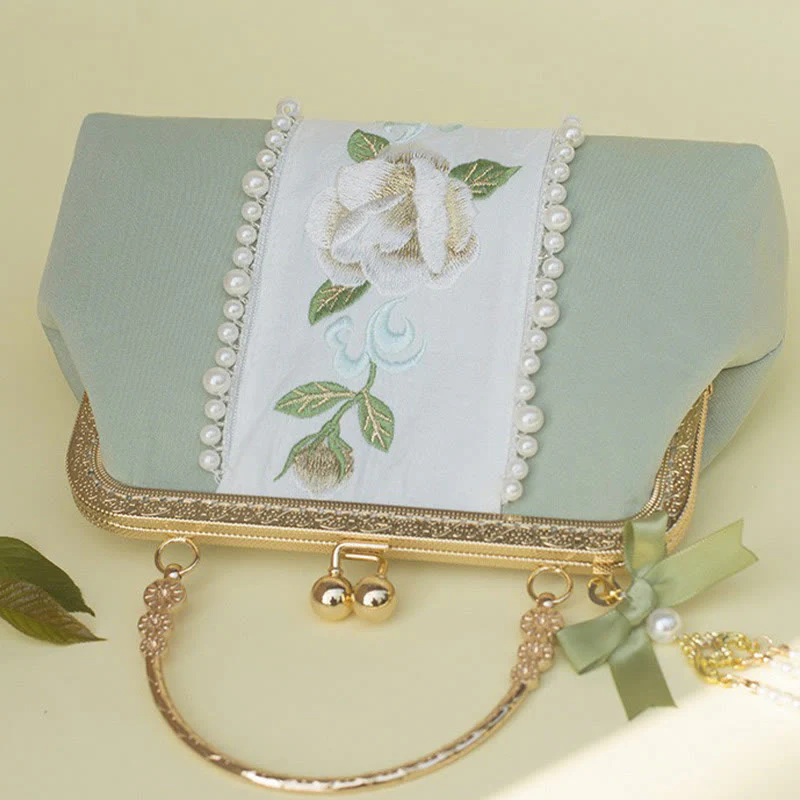 Buddha Stones Fiori bifacciali Ricamo Perla Pendente Catena di metallo Borsa a tracolla Borse - Image 15