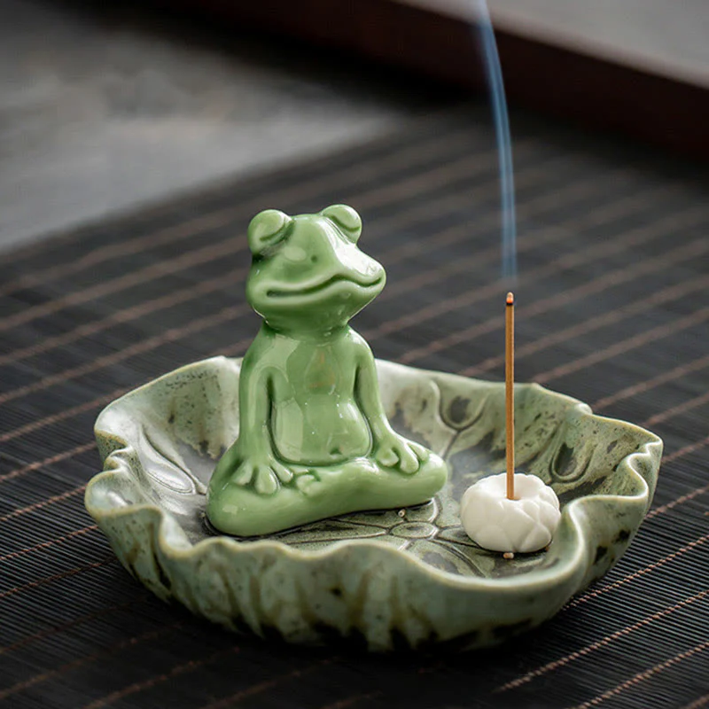 Buddha Stones Foglia Meditazione Rana Modello Guarigione Ceramica Bruciatore Incenso Decorazione