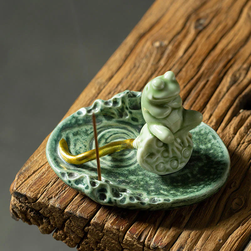 Buddha Stones Foglia Meditazione Rana Modello Guarigione Ceramica Bruciatore Incenso Decorazione - Image 13