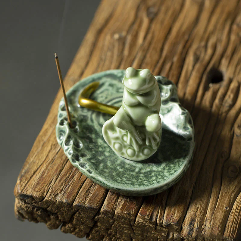 Buddha Stones Foglia Meditazione Rana Modello Guarigione Ceramica Bruciatore Incenso Decorazione - Image 14