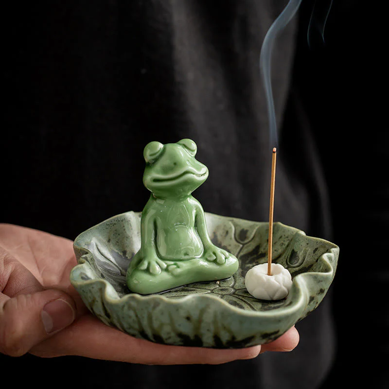 Buddha Stones Foglia Meditazione Rana Modello Guarigione Ceramica Bruciatore Incenso Decorazione - Image 2