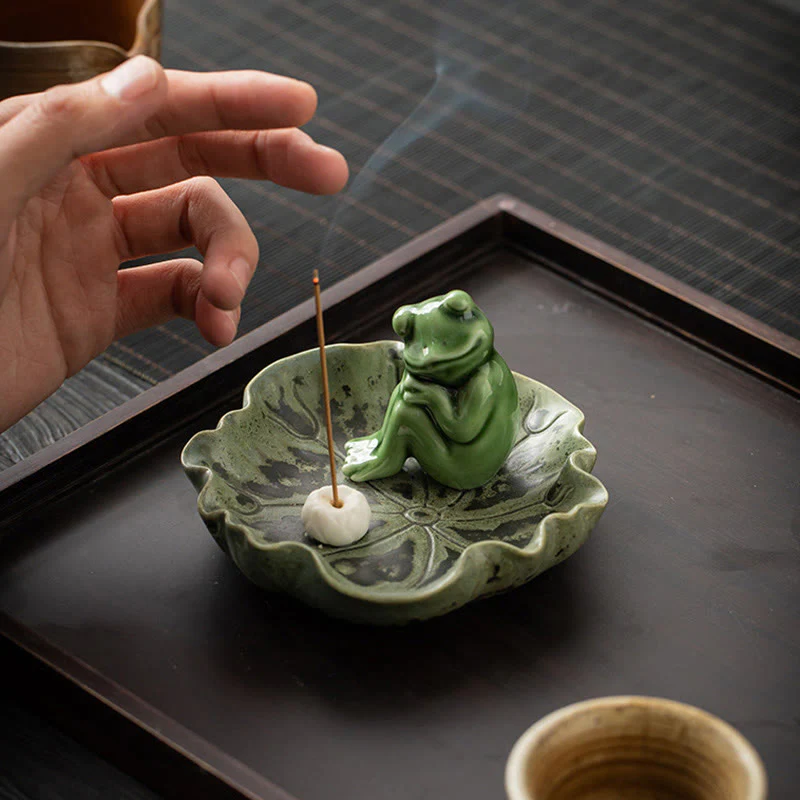 Buddha Stones Foglia Meditazione Rana Modello Guarigione Ceramica Bruciatore Incenso Decorazione - Image 25