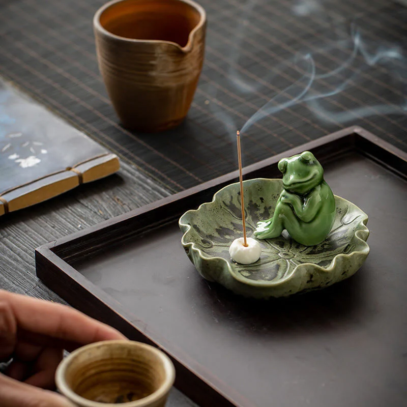 Buddha Stones Foglia Meditazione Rana Modello Guarigione Ceramica Bruciatore Incenso Decorazione - Image 26