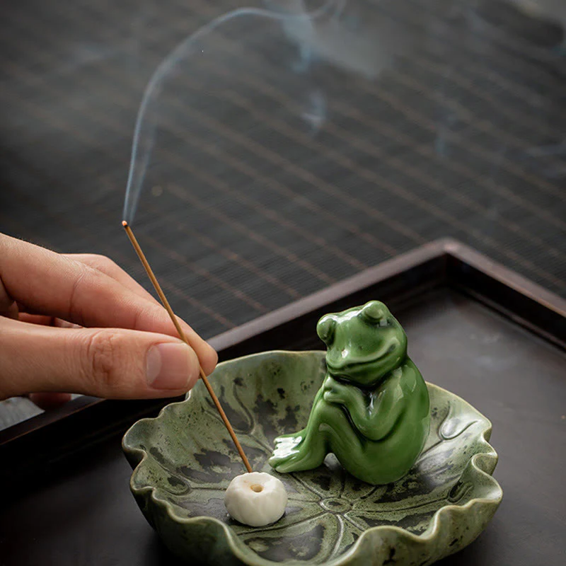 Buddha Stones Foglia Meditazione Rana Modello Guarigione Ceramica Bruciatore Incenso Decorazione - Image 27