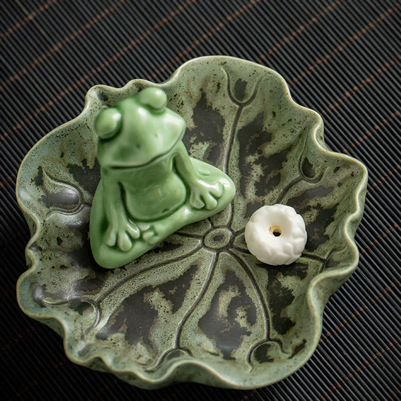 Buddha Stones Foglia Meditazione Rana Modello Guarigione Ceramica Bruciatore Incenso Decorazione - Image 3