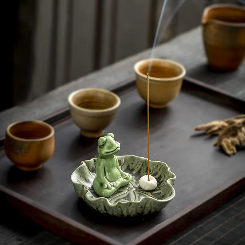Buddha Stones Foglia Meditazione Rana Modello Guarigione Ceramica Bruciatore Incenso Decorazione - Image 4