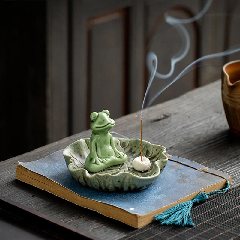 Buddha Stones Foglia Meditazione Rana Modello Guarigione Ceramica Bruciatore Incenso Decorazione - Image 7