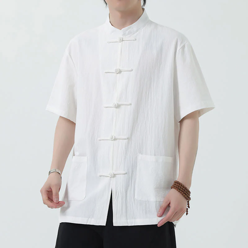 Buddha Stones Frog-Button Chinese Tang Suit Camicia a maniche corte in lino Abbigliamento da uomo con tasche
