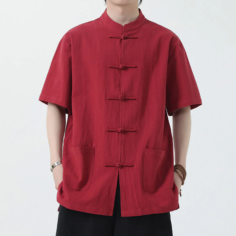 Buddha Stones Frog-Button Chinese Tang Suit Camicia a maniche corte in lino Abbigliamento da uomo con tasche - Image 2