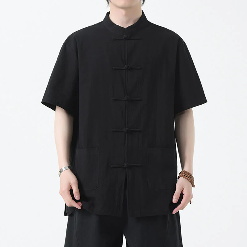 Buddha Stones Frog-Button Chinese Tang Suit Camicia a maniche corte in lino Abbigliamento da uomo con tasche - Image 4