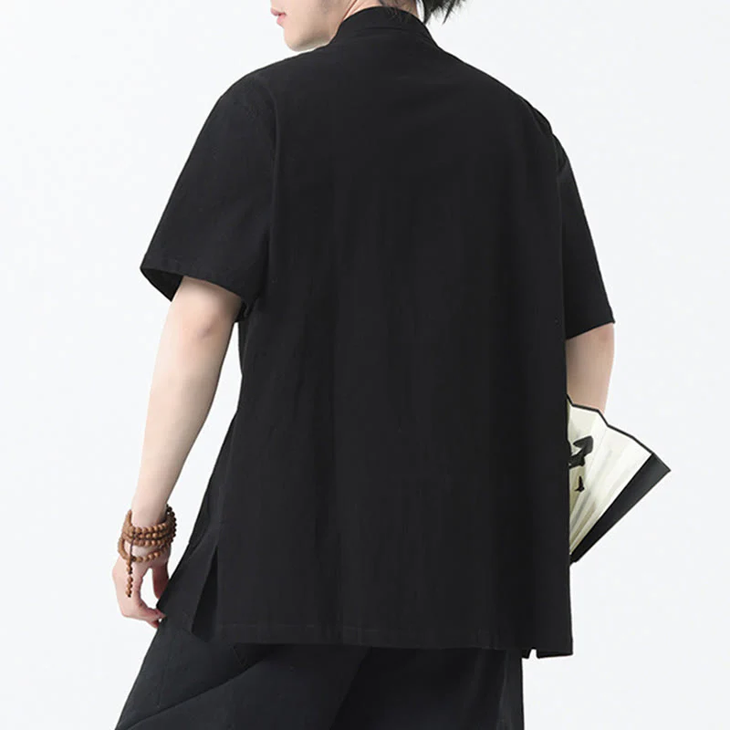 Buddha Stones Frog-Button Chinese Tang Suit Camicia a maniche corte in lino Abbigliamento da uomo con tasche - Image 5