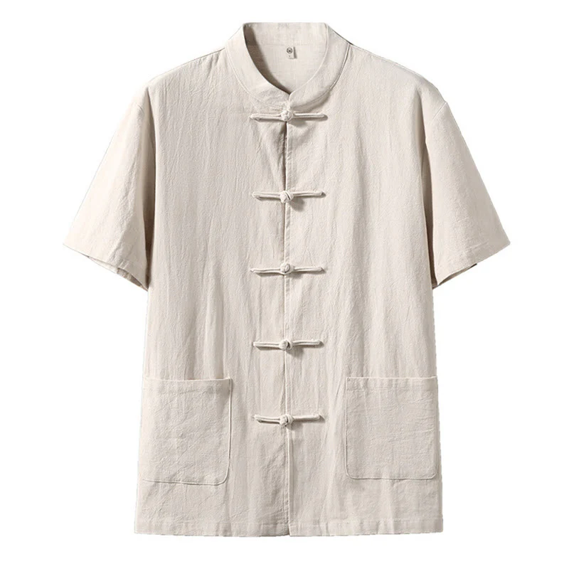 Buddha Stones Frog-Button Chinese Tang Suit Camicia a maniche corte in lino Abbigliamento da uomo con tasche - Image 7
