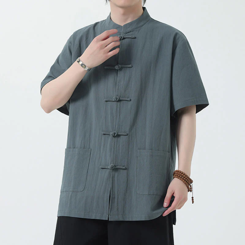 Buddha Stones Frog-Button Chinese Tang Suit Camicia a maniche corte in lino Abbigliamento da uomo con tasche - Image 8