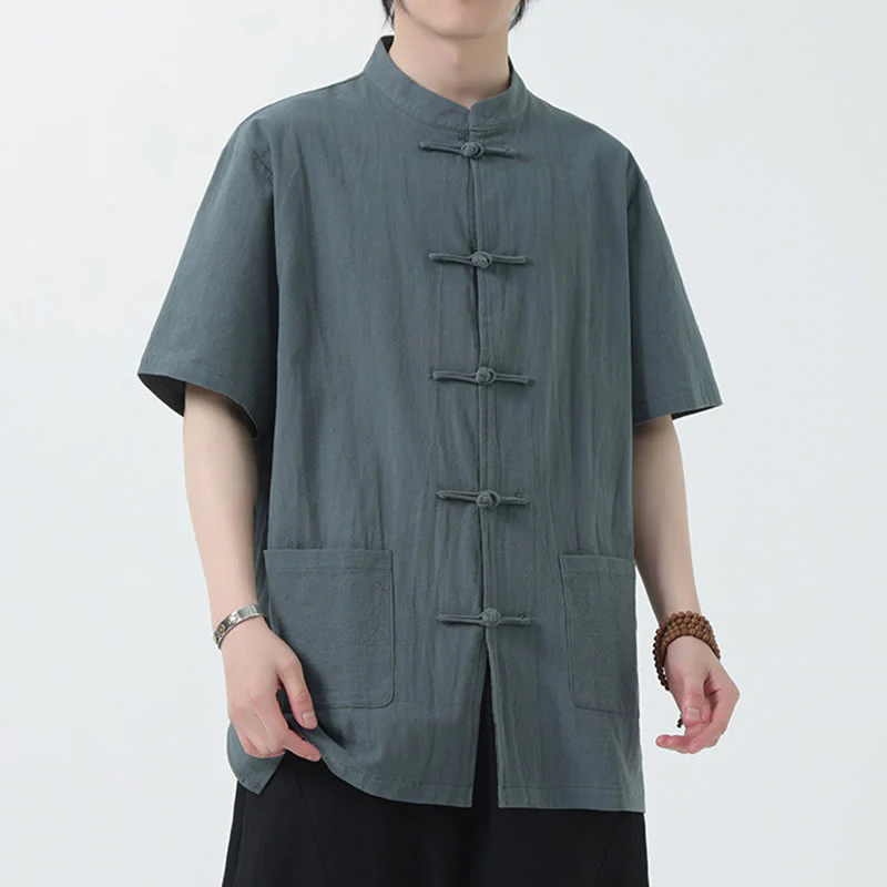 Buddha Stones Frog-Button Chinese Tang Suit Camicia a maniche corte in lino Abbigliamento da uomo con tasche - Image 9