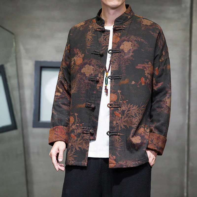 Buddha Stones Frog-Button Cinese Tang Suit Camicia Lunga Cotone Uomo Giacca Abbigliamento
