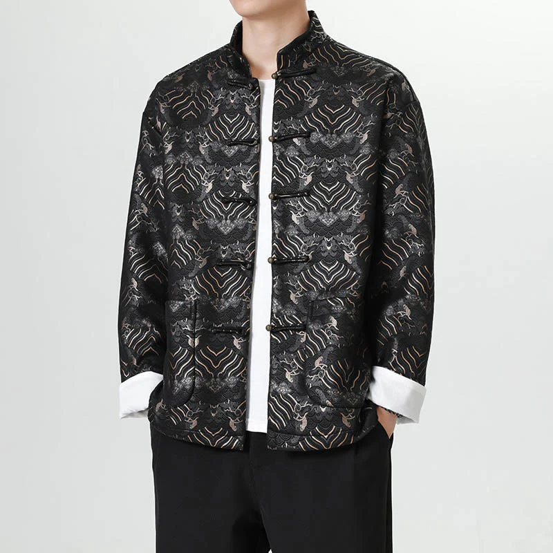 Buddha Stones Frog-Button Cinese Tang Suit Forma d'onda Camicia lunga Uomo Giacca Abbigliamento