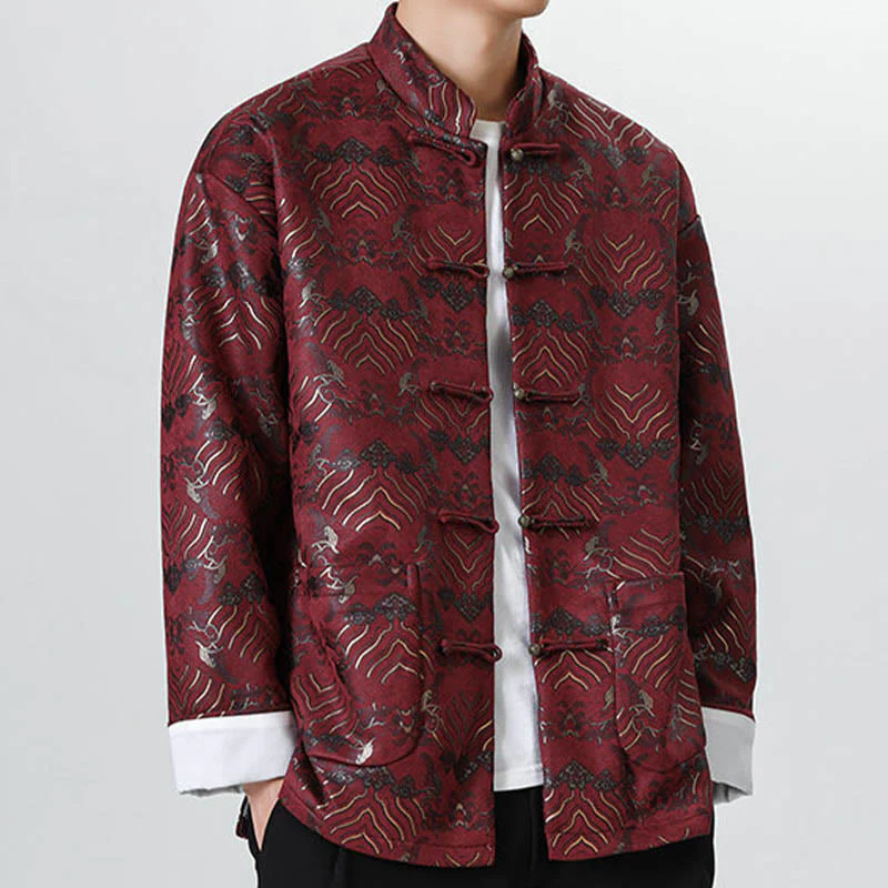 Buddha Stones Frog-Button Cinese Tang Suit Forma d'onda Camicia lunga Uomo Giacca Abbigliamento - Image 11