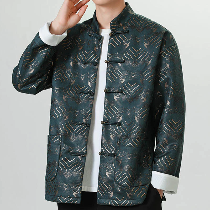 Buddha Stones Frog-Button Cinese Tang Suit Forma d'onda Camicia lunga Uomo Giacca Abbigliamento - Image 13