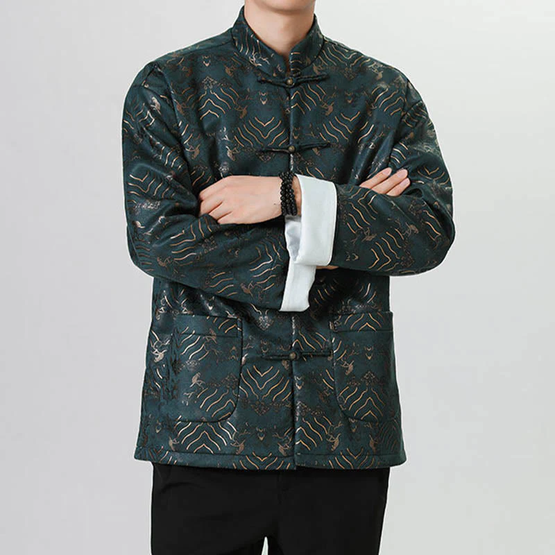 Buddha Stones Frog-Button Cinese Tang Suit Forma d'onda Camicia lunga Uomo Giacca Abbigliamento - Image 16