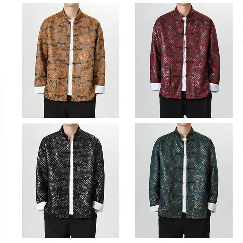 Buddha Stones Frog-Button Cinese Tang Suit Forma d'onda Camicia lunga Uomo Giacca Abbigliamento - Image 29