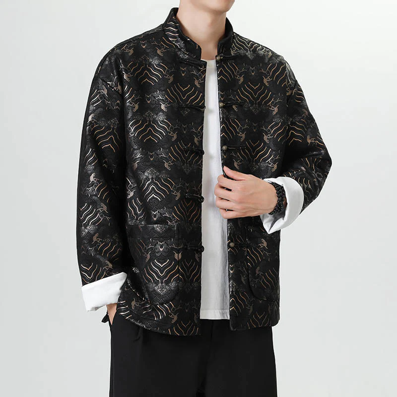 Buddha Stones Frog-Button Cinese Tang Suit Forma d'onda Camicia lunga Uomo Giacca Abbigliamento - Image 3